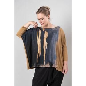 Ozai N Ku Two Tone Brush Stroke Top Corn Gold Blue Dolan Sleeve Size 3